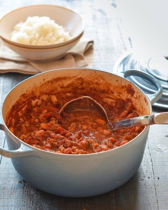 Beans cooked in a pot.